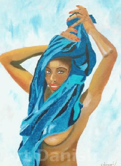 Dame i blåt, oliemaleri, 50x65 Malet af Kunstmaler Inge Marie Jensen